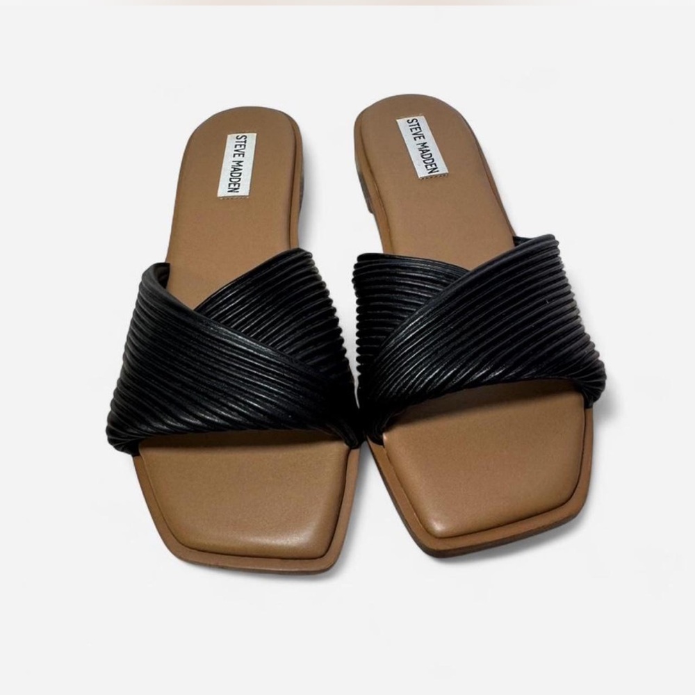 Steve Madden Black Crossband Slide Sandals with Tan Footbed - Picture 7 of 7